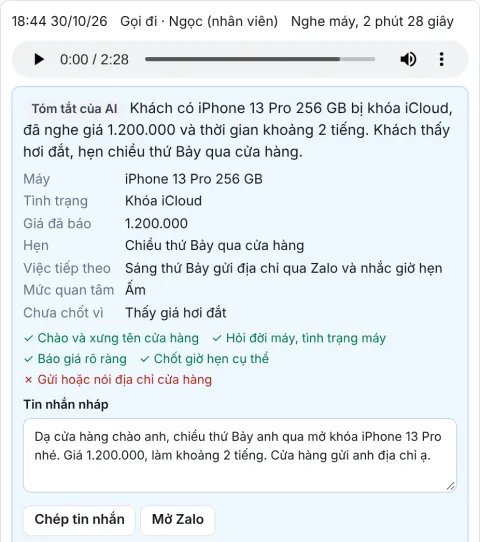Biết khách nào chưa được gọi và nhân viên đã hứa gì với khách