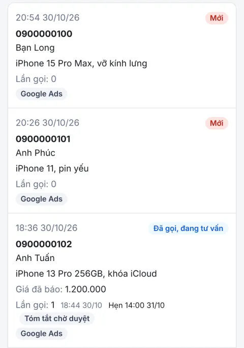 Danh sách khách để lại số, xem trên điện thoại