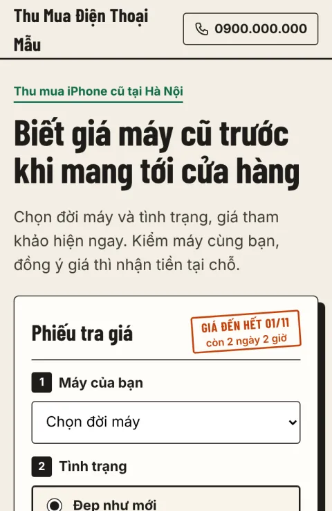 Trang thu mua mẫu trên điện thoại